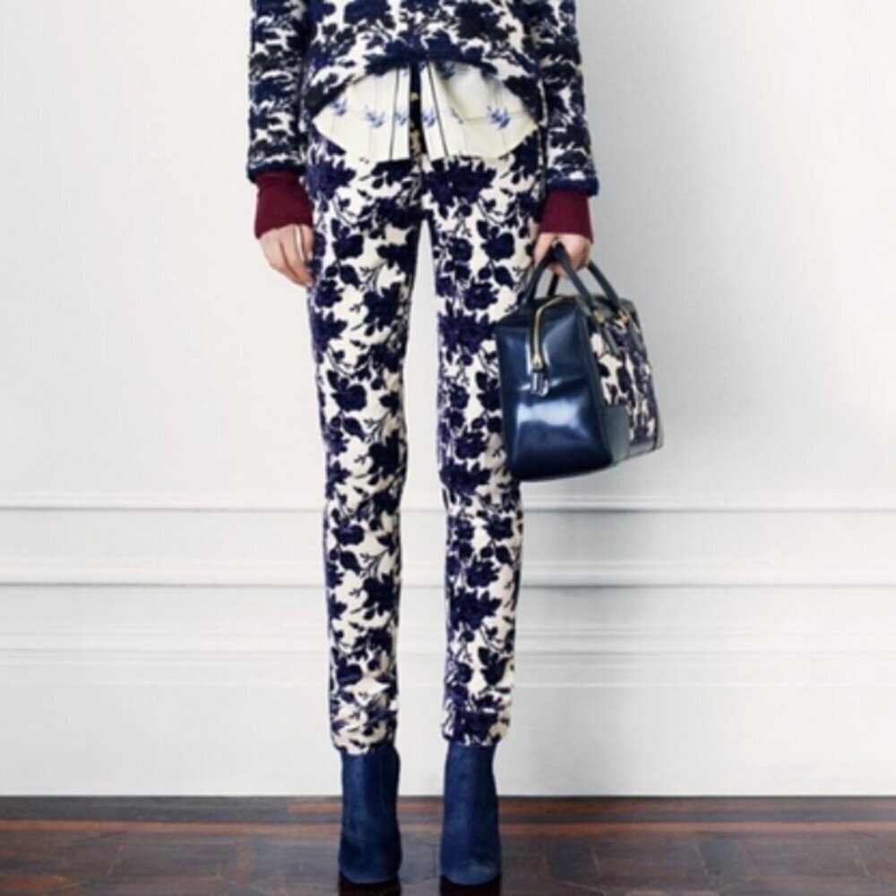 Tory Burch Dayton Floral Velvet Pants Size 8 Ivory Purple Flocked